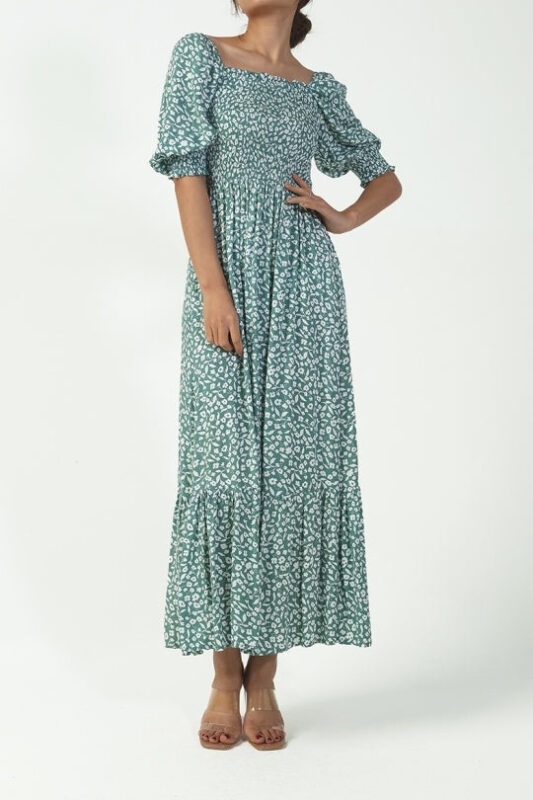 Robe Bohème Fleurie Col Carré - S/M / Bleu